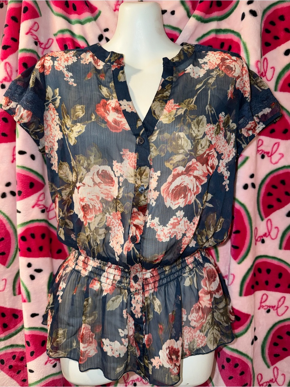 💙 FANG Sheer Floral Button-Front Blouse